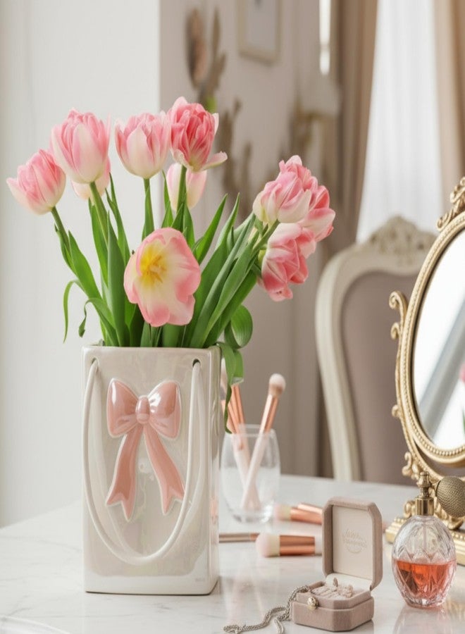 Ninehaoou Pink Bow Handbag Flower Vase 7.16 Inch Ceramic Purse Vase Hanging Coquette Decor Christmas Centerpiece for Table Shelf Living Room Women Girl Gifts - Image 5